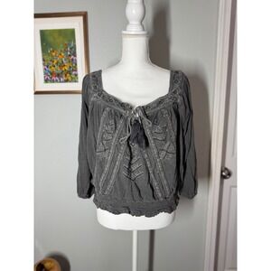 Lucky Brand embroidered boho peasant top Vintage-style washed charcoal gray XL